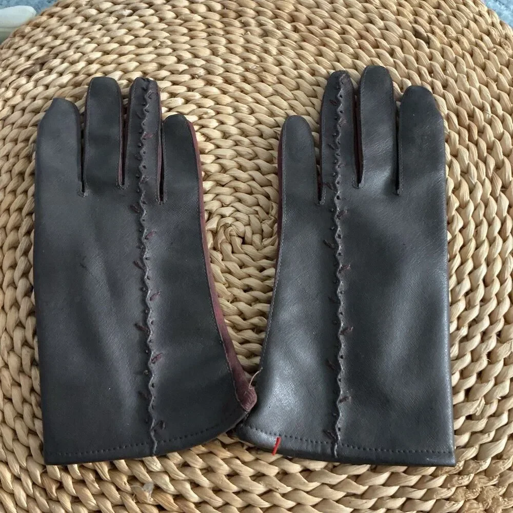Women’s Black Faux Leather Gloves Burgundy Trim Hand Stitched Size 7